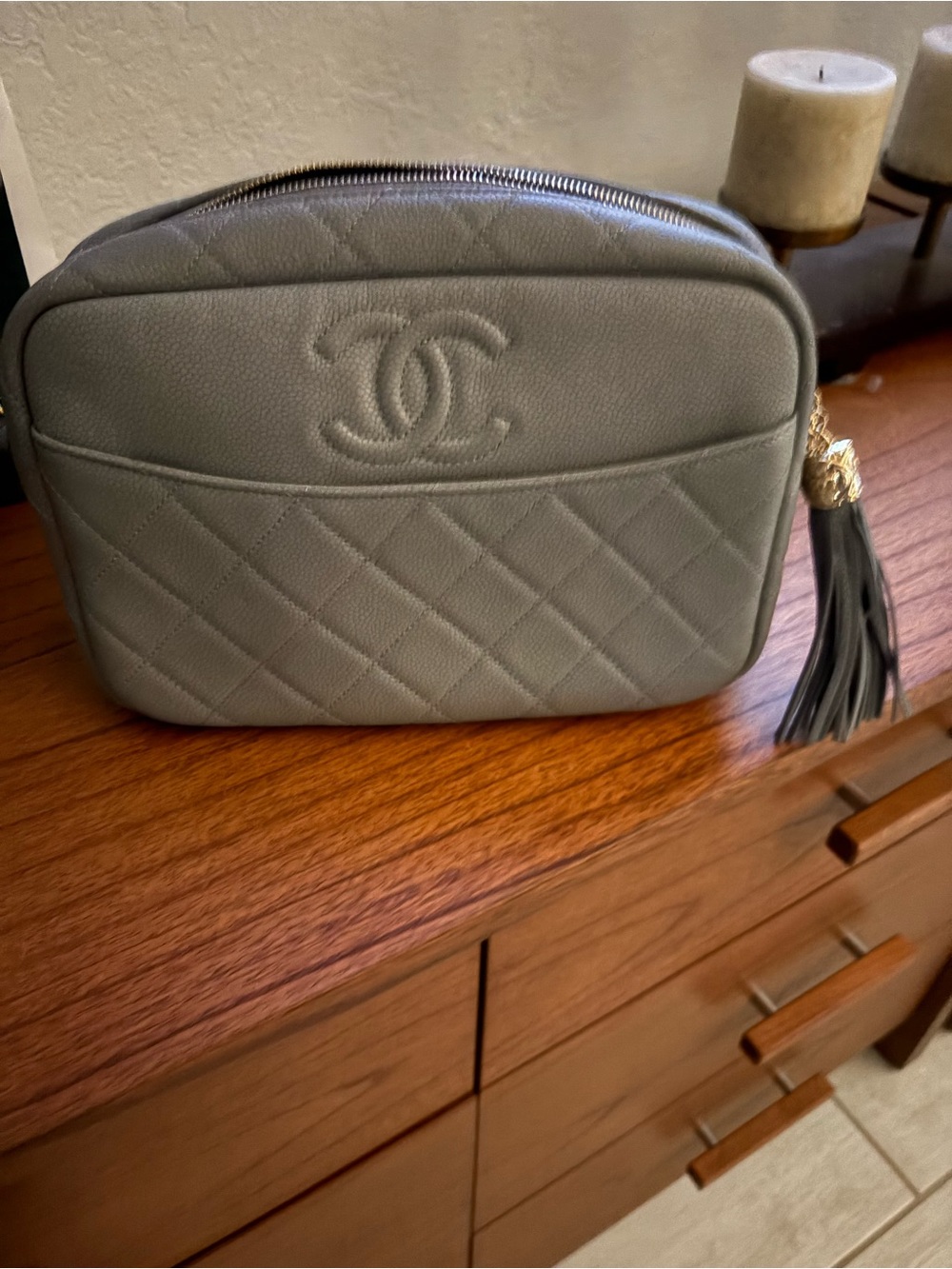 CHANEL Quilted Camera Bag in Gray with Tassel